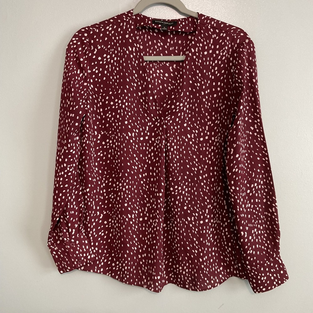 Banana Republic Blouse Womens S Burgundy White Abstract Dash V-Neck Long Sleeve